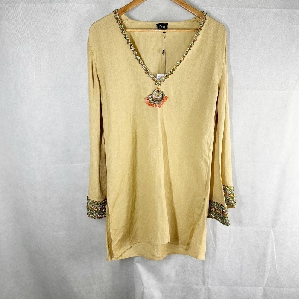 Inca Linen V Neck Long Sleeve Tunic Swim Coverup Dress Size Medium Brown